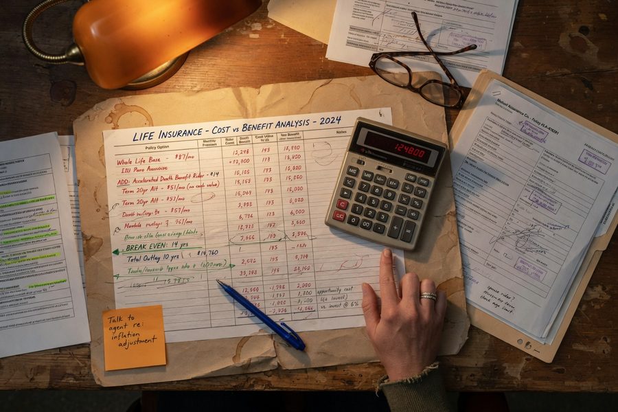 Side-by-side cost comparison chart showing rider premiums versus average claim costs across home, auto, and life policy types