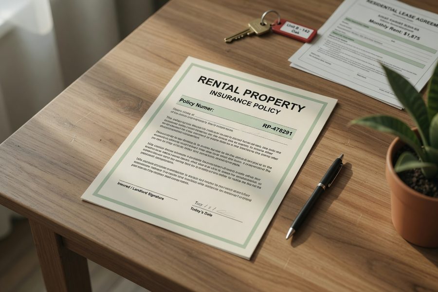 Landlord reviewing rental dwelling policy documents with insurance agent at a desk