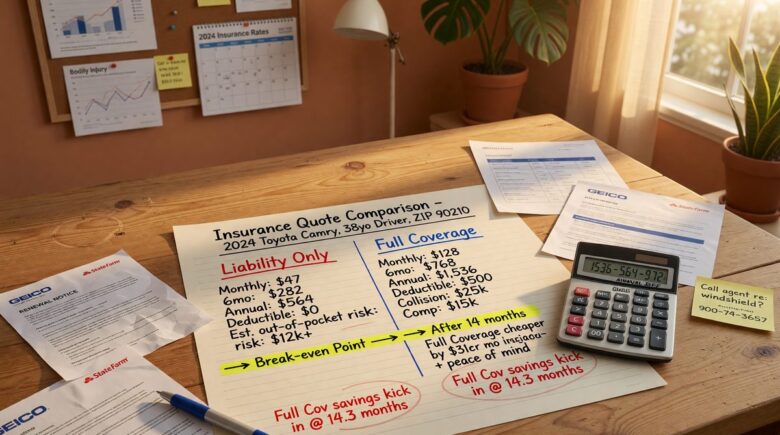 Comparison chart showing liability only versus full coverage insurance costs and vehicle value breakeven point