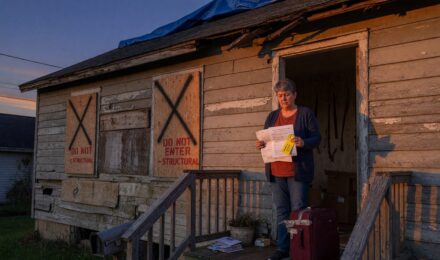 Homeowner reviewing insurance documents with hotel bill during home repairs