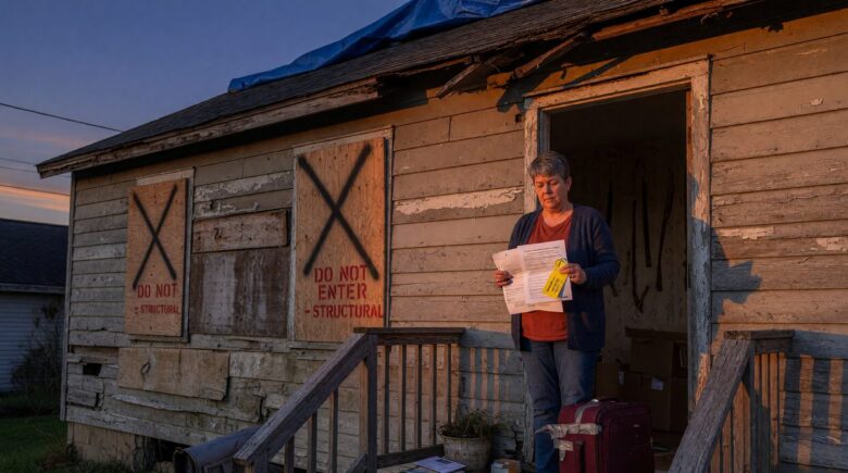 Homeowner reviewing insurance documents with hotel bill during home repairs