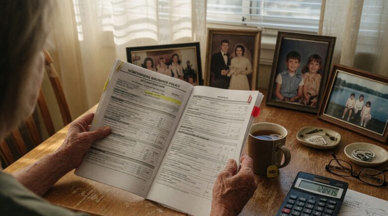 Older couple reviewing homeowners insurance documents at their kitchen table