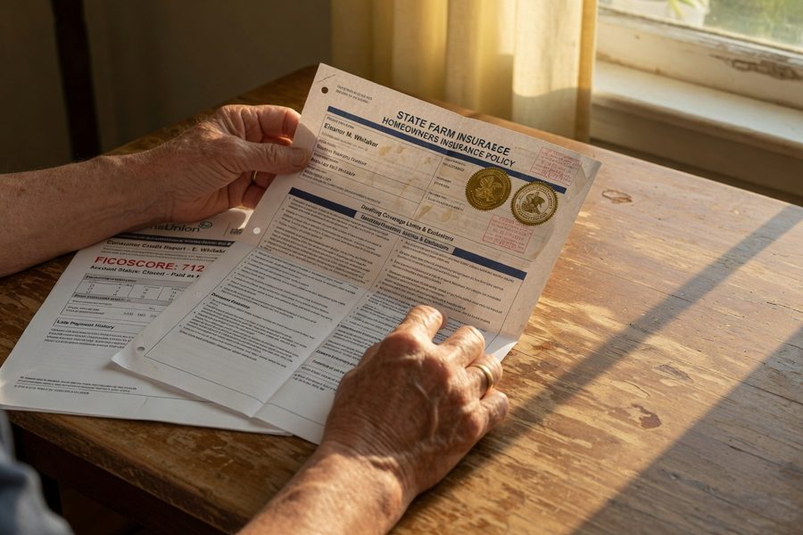 Retired couple reviewing homeowners insurance documents at kitchen table