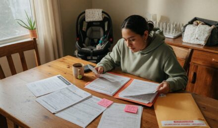 Parent holding newborn baby while reviewing insurance documents