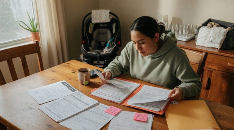 Parent holding newborn baby while reviewing insurance documents