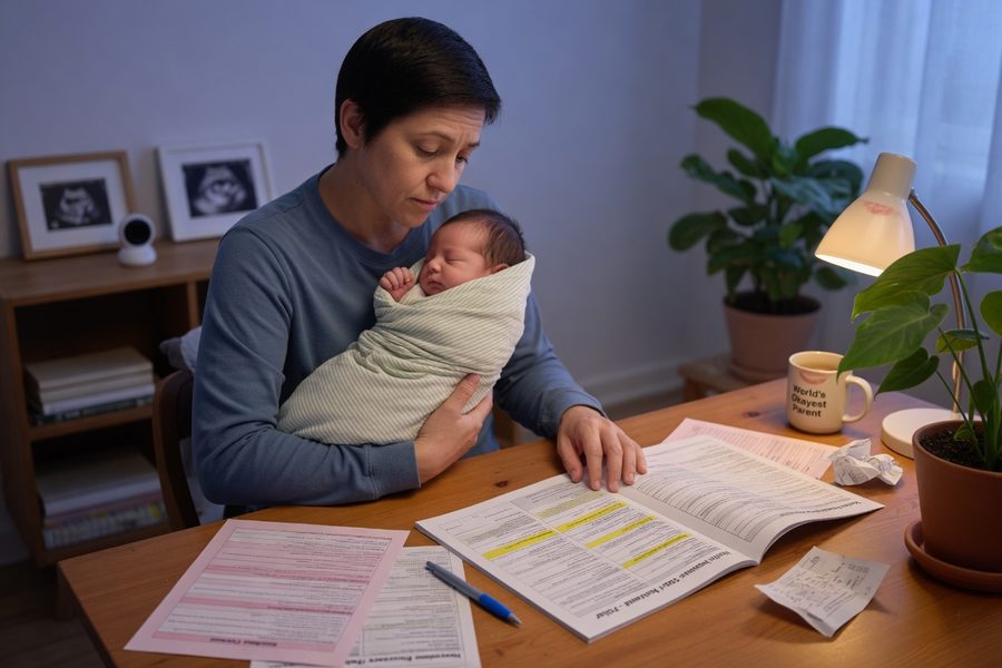 Parent reviewing health insurance plan documents with a newborn nearby