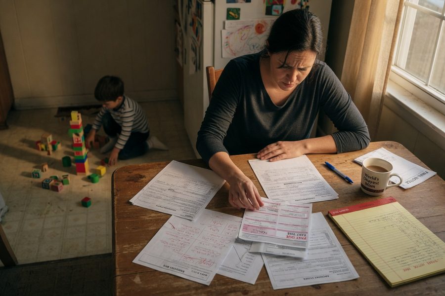 Insurance policy documents spread on a table with a baby toy nearby