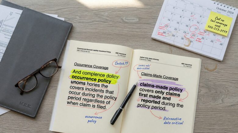 Comparison chart showing occurrence policy vs claims-made policy coverage timelines and triggers