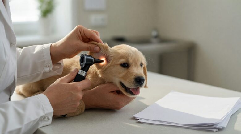 Dog owner reviewing pet insurance policy documents at home