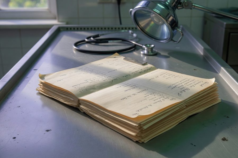Veterinarian reviewing a pet insurance claim form at a clinic desk