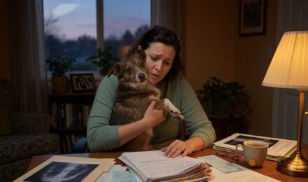 Dog owner reviewing pet insurance policy documents about pre-existing condition exclusions