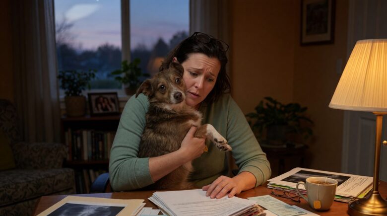Dog owner reviewing pet insurance policy documents about pre-existing condition exclusions