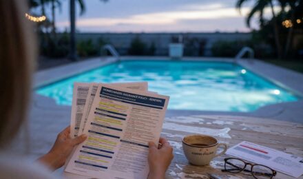 Residential swimming pool with safety fence and liability warning sign