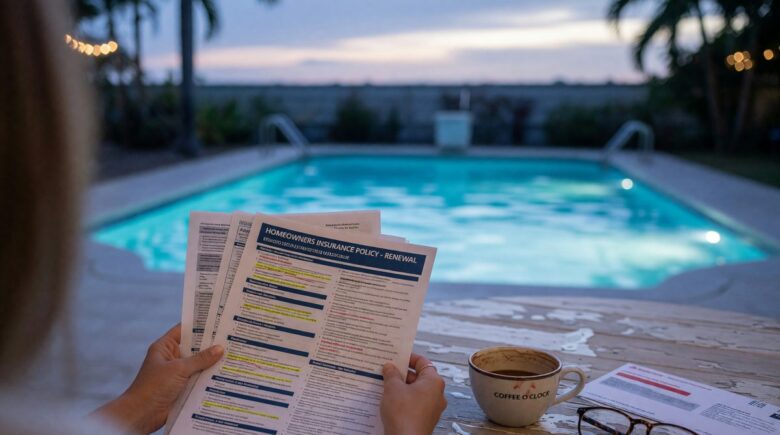 Residential swimming pool with safety fence and liability warning sign