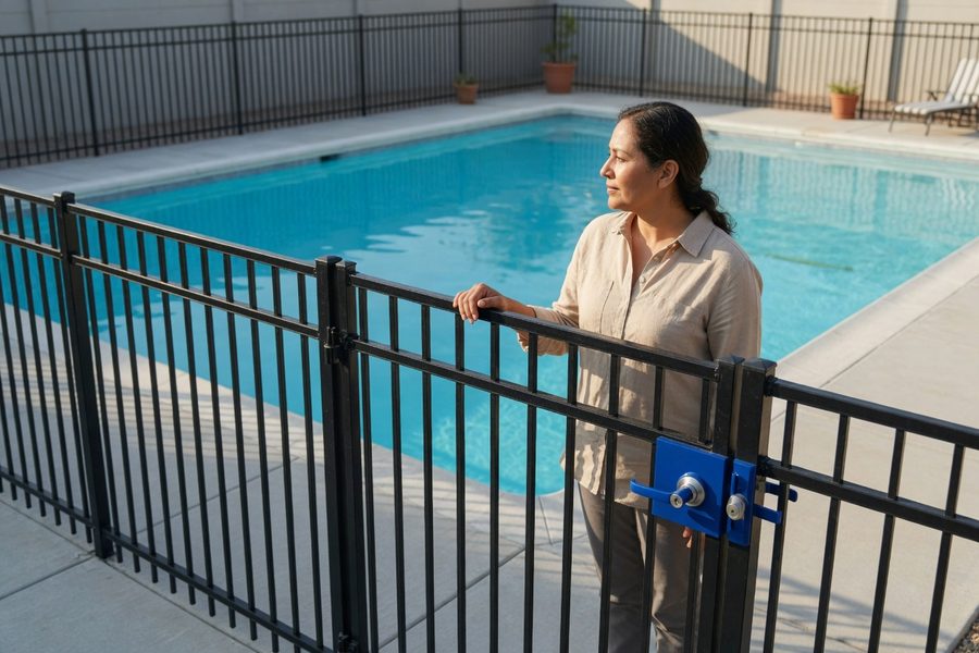 Close-up of a four-sided pool fence with self-latching gate and safety lock mechanism
