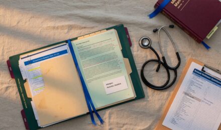 Woman reviewing health insurance documents with pre-existing condition information