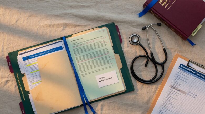 Woman reviewing health insurance documents with pre-existing condition information