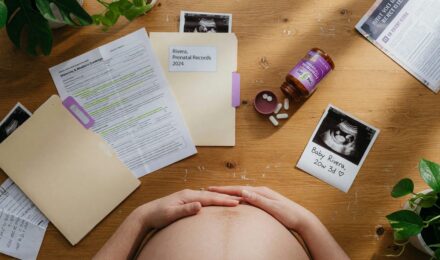 Pregnant woman reviewing health insurance documents at home