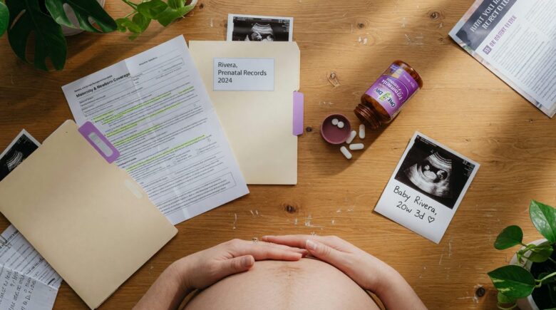 Pregnant woman reviewing health insurance documents at home