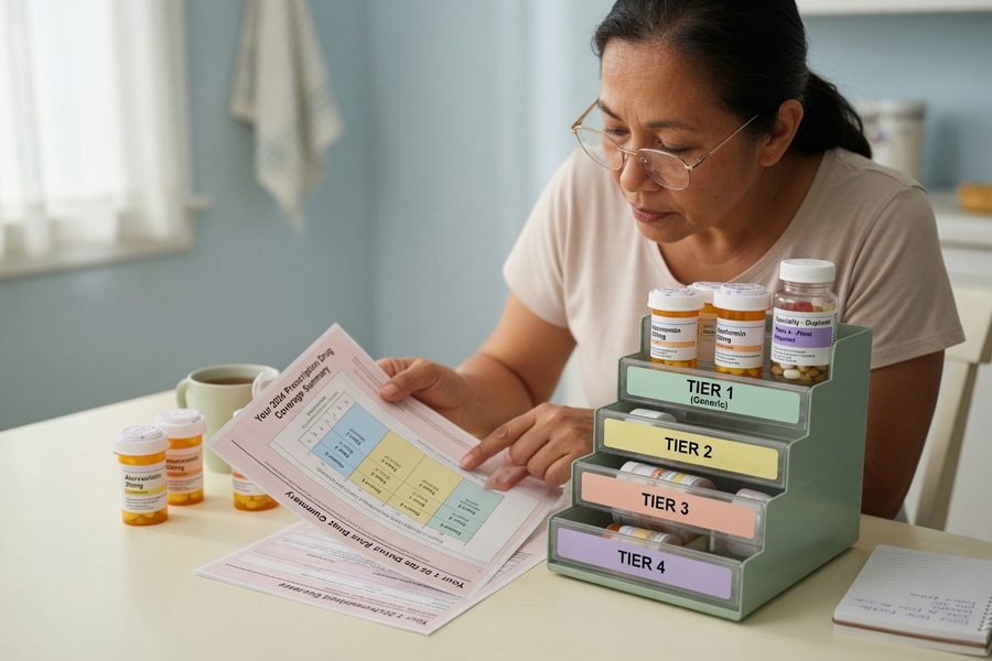Diagram showing a 5-tier formulary structure with copay amounts increasing at each level