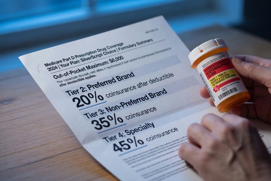 Side-by-side comparison showing copay versus coinsurance cost at pharmacy for a brand-name drug