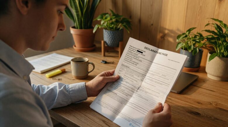 Close-up of a car insurance declarations page showing coverage limits and policy details