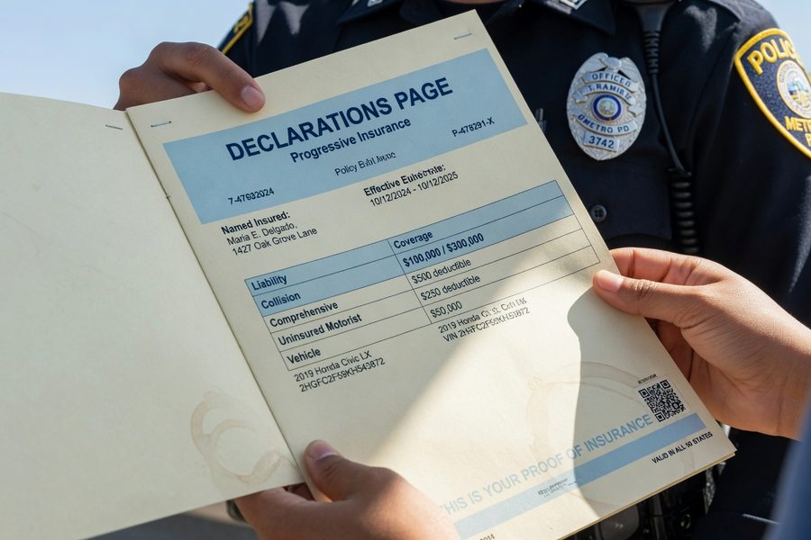 Sample car insurance declarations page with labeled coverage sections and limits
