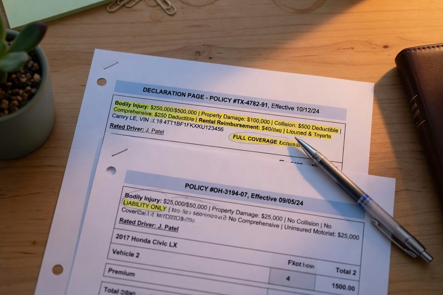 Comparison table showing coverage limits and deductibles across two vehicles on one policy