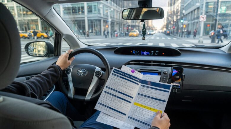 Rideshare driver reviewing auto insurance policy documents in car