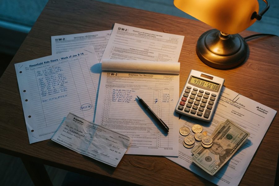 In-home care aide assisting elderly parent, illustrating household employer insurance risk