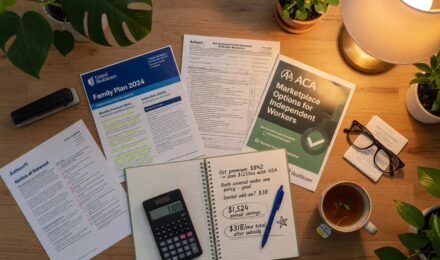 Middle-aged self-employed couple reviewing health insurance options and savings strategies at home