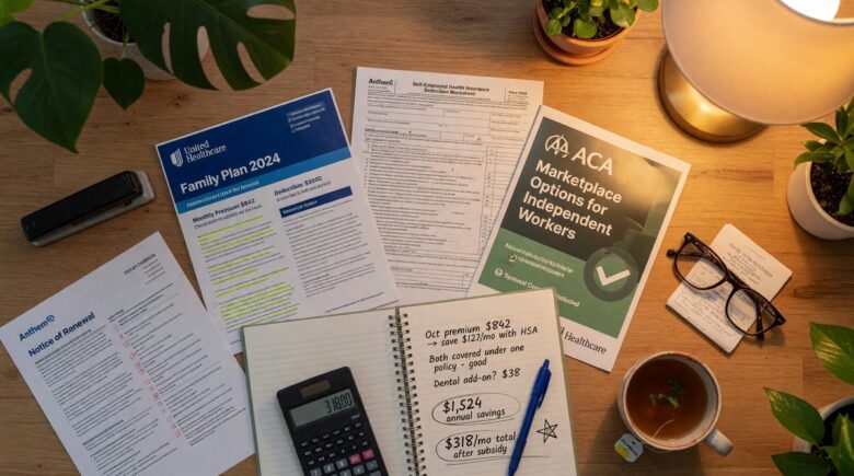 Middle-aged self-employed couple reviewing health insurance options and savings strategies at home