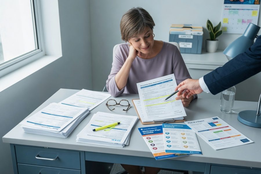 Side-by-side comparison of Silver, Gold, and off-Marketplace ACA plan options for a self-employed couple age 53 and 55