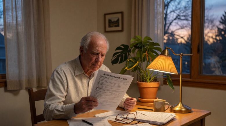 Senior driver reviewing car insurance policy documents at home