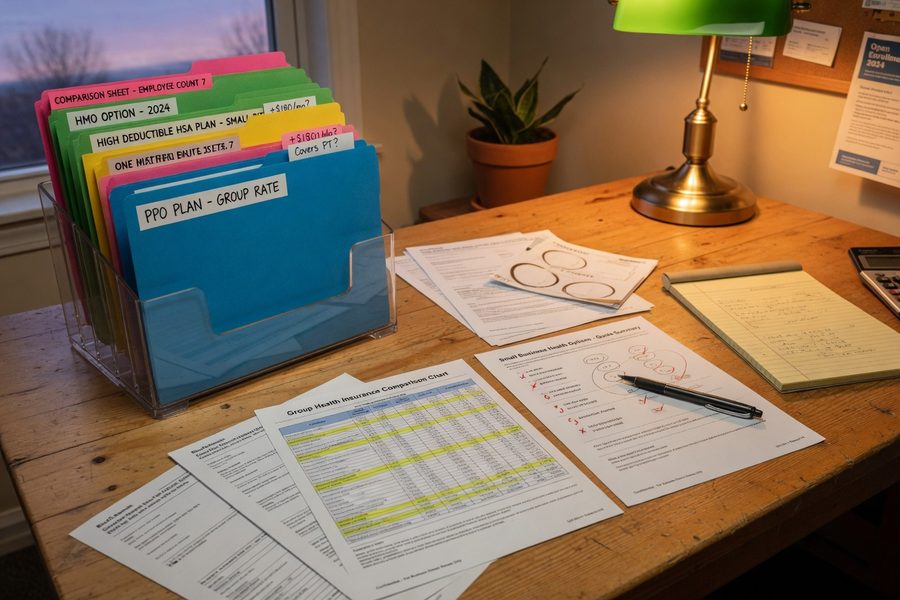 Small business owner reviewing group health insurance plan options at a desk