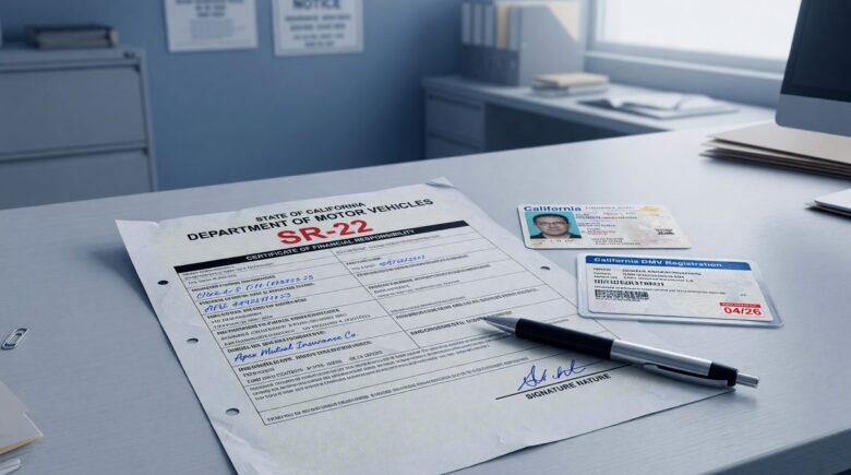 SR-22 form document with state DMV filing information