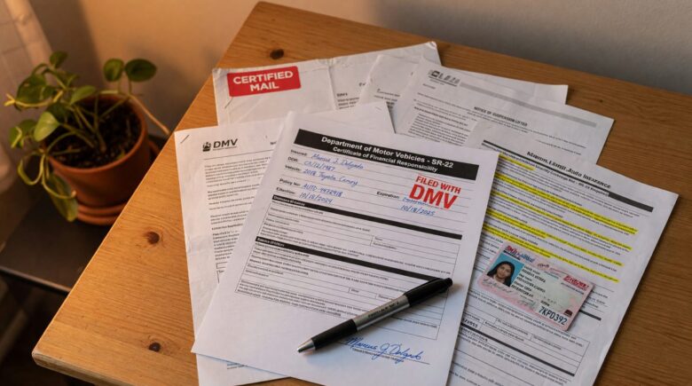 Document showing SR-22 certificate of financial responsibility filed with state DMV