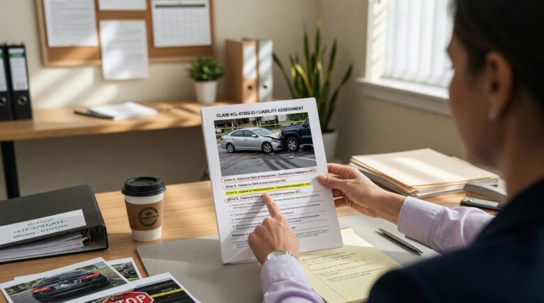 Illustration of an insurance claim document with an arrow pointing toward a third party, representing subrogation recovery