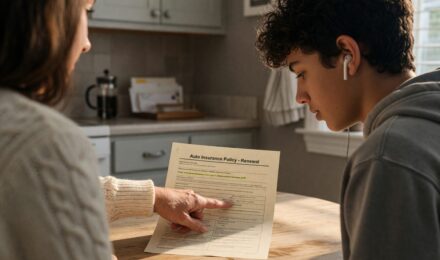 Parent and teenage driver reviewing car insurance documents at a table