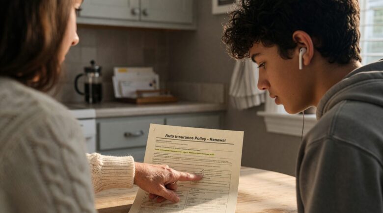 Parent and teenage driver reviewing car insurance documents at a table
