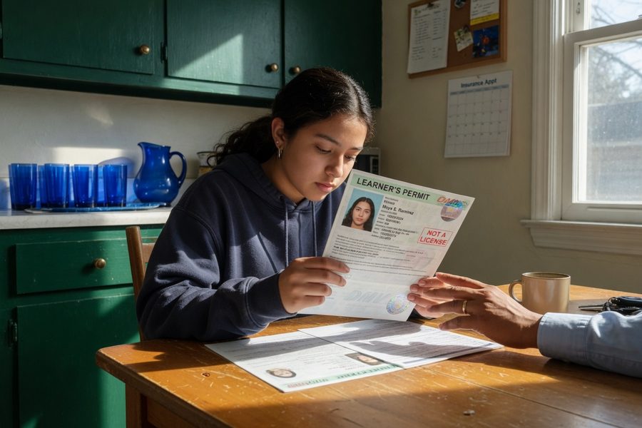 Parent and teen reviewing car insurance documents together at a kitchen table