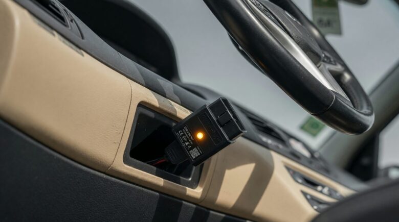 Dashboard display showing telematics device tracking driving behavior metrics like speed, braking, and mileage