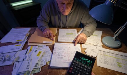 Calculator and paperwork showing debt balances and term life insurance coverage calculations