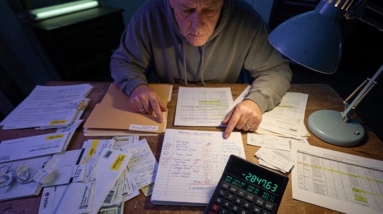 Calculator and paperwork showing debt balances and term life insurance coverage calculations