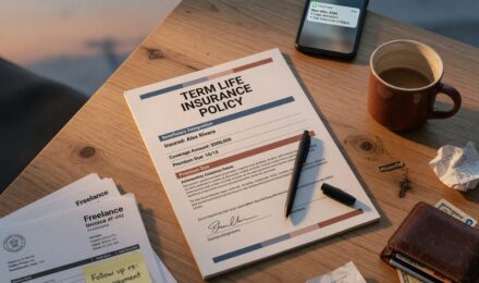 Freelancer reviewing term life insurance coverage options at desk