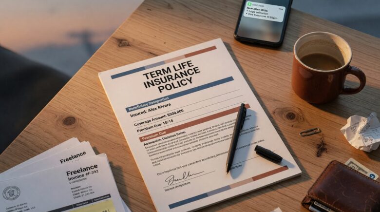 Freelancer reviewing term life insurance coverage options at desk