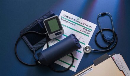 Doctor checking blood pressure reading during insurance medical exam