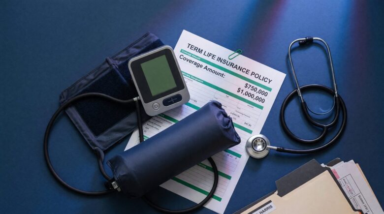 Doctor checking blood pressure reading during insurance medical exam