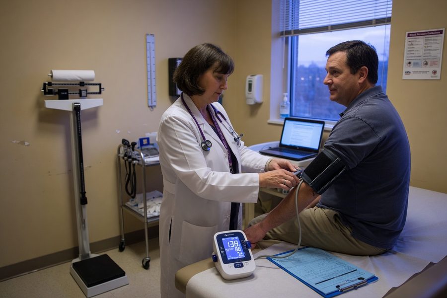 Paramedical examiner measuring blood pressure and recording vitals during a term life insurance exam