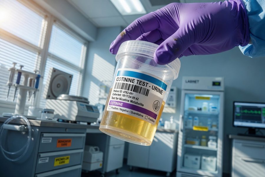 Close-up of labeled lab vials and urine sample collection containers used in life insurance underwriting